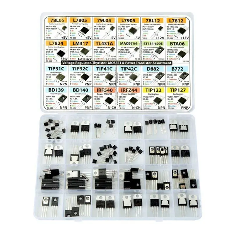 SOT-23 Electronic Components Kit - 24 Types Including Transistors, BJTs, MOSFETs, Diodes, Schottky Diodes, Switches for Automotive & Motorcycle Stowing & Tidying Needs