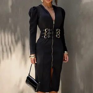 ChicMe Plunge V Neck Gigot Sleeve Waist Metal Buckle Decor Dress Casual Slim Fit Work Midi Dress