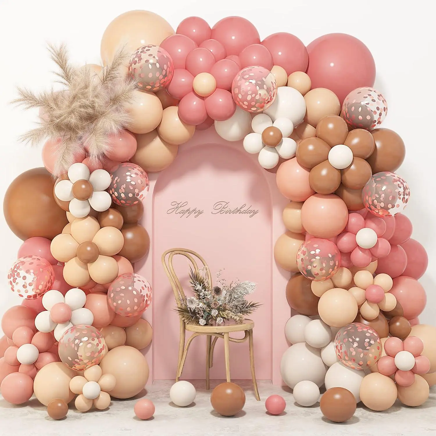 154Pcs Boho Daisy Balloons Garland KitRetro Dusty Pink Blush Brown Nude Long Twisting Daisy Flower Balloons For Two Groovy Boho Rainbow Party Decorations Girls Birthday Baby Shower Supplies