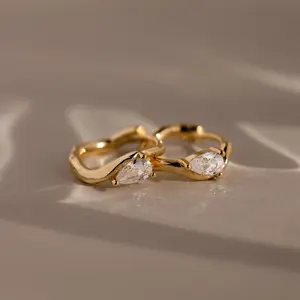 Organic Diamond Teardrop Hoops by Caitlyn Minimalist - Geometric Diamond Huggie Earrings in 18K Gold Finish & Sterling Silver - Unique Wedding Jewelry - Bridesmaids Gift