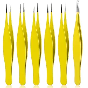6pcs Pointed Tweezers Ingrown Hair Tweezers Precision Needle Point Tip Tweezers Stainless Steel Tweezers For Nose Facial Hair Eyebrow Blackhead Remover (Yellow) Makeup Cosmetic