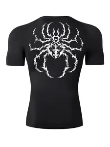 Men's Spider Print Short Sleeve Tight-Fit T-Shirt, Summer Quick-Dry Elastic Fitness Training Running Sports Shirt, Sporty Style