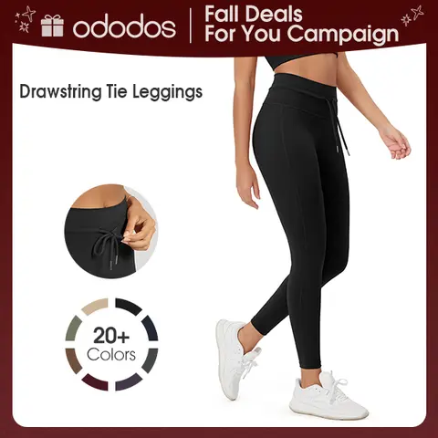 ODODOS Women's Fitted High Waist Drawstring Tie Athletic Leggings - 25"/28" Inseam, Soft 4-Way Stretch, Pet Hair Resistant, Lightweight All-Season Side Logoless Comfy Pants, Gym Clothes Women, Above the Ankle Workout Wear