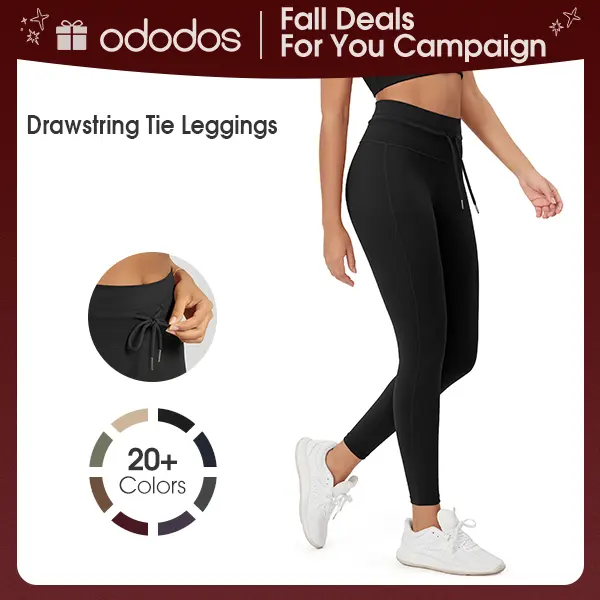 ODODOS Women's Fitted High Waist Drawstring Tie Athletic Leggings - 25"/28" Inseam, Soft 4-Way Stretch, Pet Hair Resistant, Lightweight All-Season Side Logoless Comfy Pants, Gym Clothes Women, Above the Ankle Workout Wear
