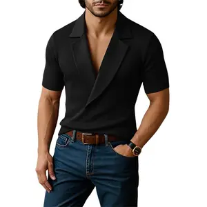 INCERUN Men's Old Money Knit Polo Deep V Lapel Shirt Quiet Luxury Date Night Fit