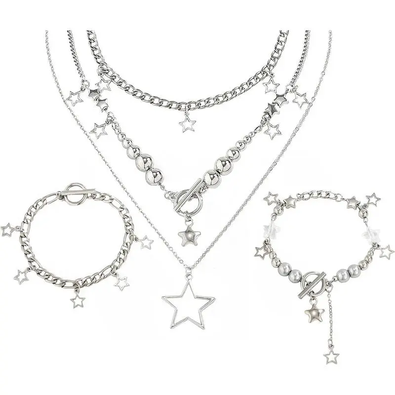 2-Piece Adjustable Star Shape Fashionable Jewelry Set - Chunky Y2K Grunge, Kawaii Aesthetic Vintage Layered Necklaces, Women's Jewelry Accessory,summerwins