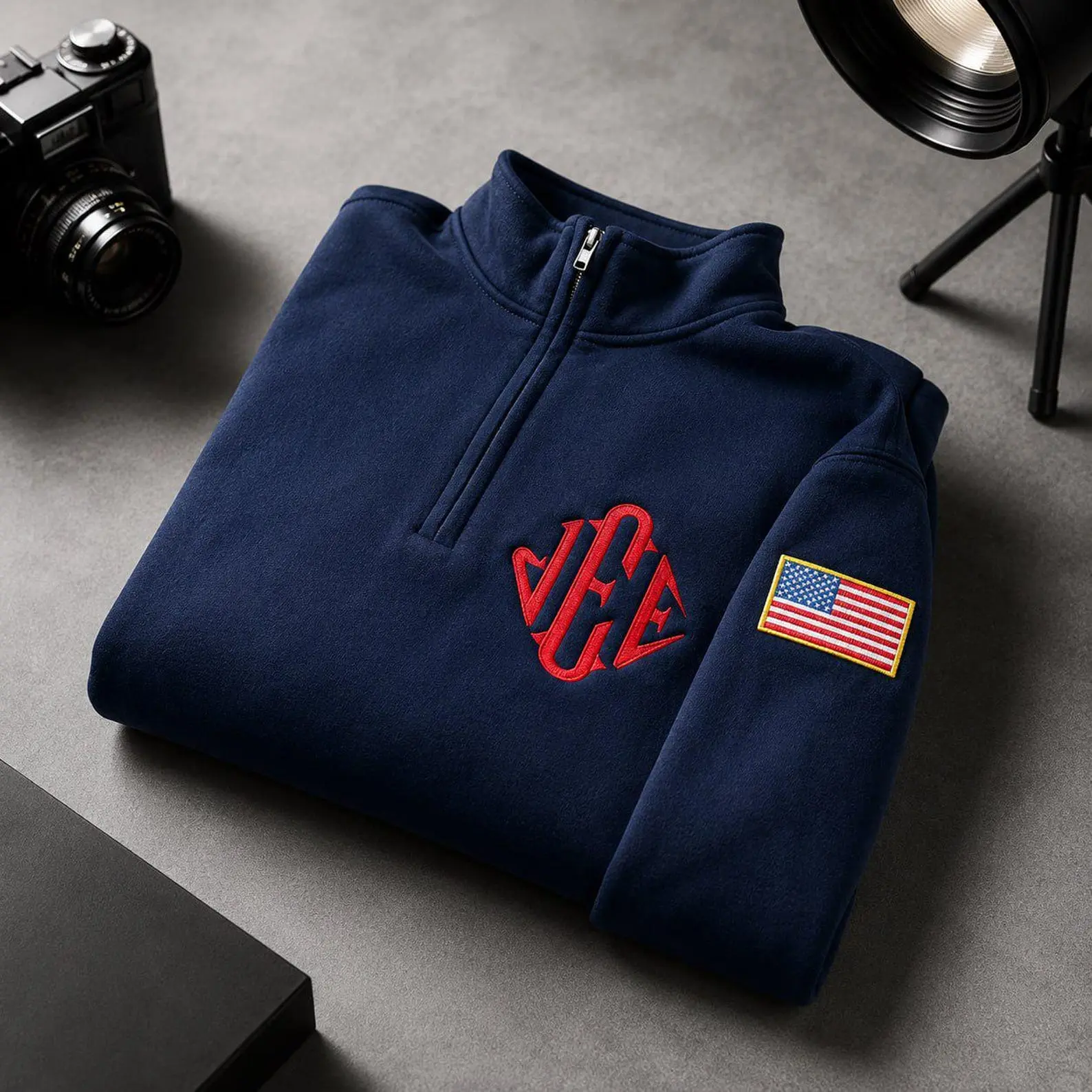 [ Sale 60% ] Personalized J.E.E Inspired Quarter Zip Sweatshirt, Embroidered Monogram & American Flag, Custom Initial Pullover, Patriotic Gift for Men