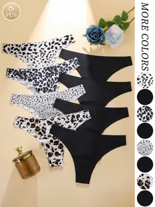 Women's Plain & Leopard Print Underwear Set, Comfortable Everyday Skin-Friendly Fitted Fitness Sports Panties, Seamless Triangle Briefs, 8 Pairs, Womenswear