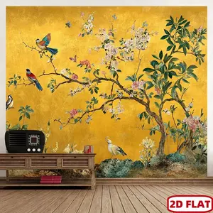 1PC,2D Flat New Chinese Style Classical Flower and Bird Golden Backdrop Cloth, Living Room Bedroom Decoration Hanging Cloth, Retro Style Photo Background Wall Cloth, Chinese Style Art Mural Tapestry
