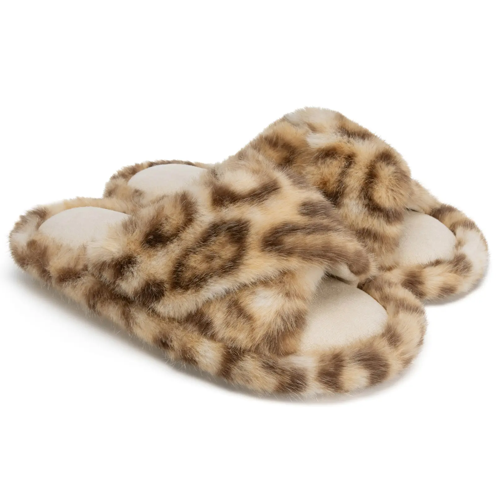 Chantomoo Memory Foam Faux Fur Slippers for Women Cross Band Fuzzy Cozy House Shoes Gift