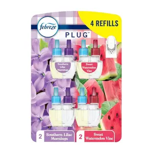 Odor-Fighting Fade Defy PLUG Air Freshener, Southern Lilac Mornings, Sweet Watermelon Vine, Pack of 4 (2 of Each), 79 fl. oz. Oil Refill
