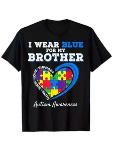 Autism Awareness Blue T-Shirt for Siblings, Supporter Sister Design, Blue Letter Print, Casual Fit, Comfortable and Stylish