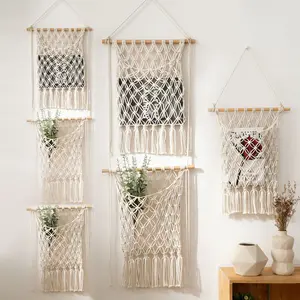 Multi-layer storage net bag made of cotton rope, woven for children's room storage of books and decorations, Nordic style wall-hanging decorative net bag