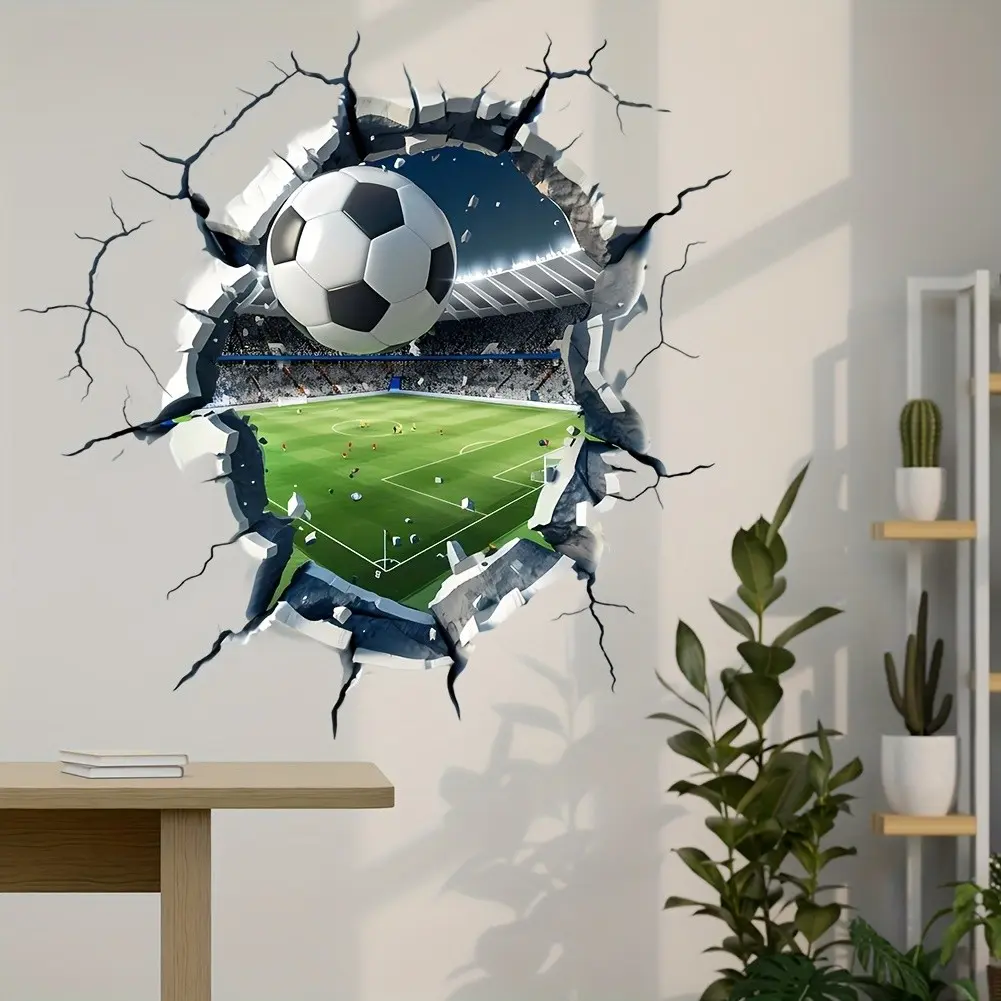 Football Match Decorative Wall Sticker, Broken Wall Effect Landscape Decal, Bedroom Living Room Sofa Background, Bathroom Toilet Decor