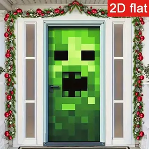 2D Flat Banner Door Cover with Pixel Art Creeper Design, High Quality Printed Home and Party Decoration, Lightweight Wall Hanging for Living Room Bedroom Game Room