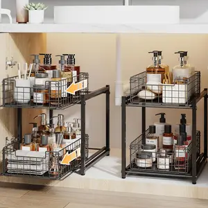 2 Pack 2-Tier Pull Out Under Sink Organizer, Multi-use Sliding Drawer Storage Shelves for Kitchen Bathroom Cabinet, Perfect Spice Rack Organizer for Daily Storage