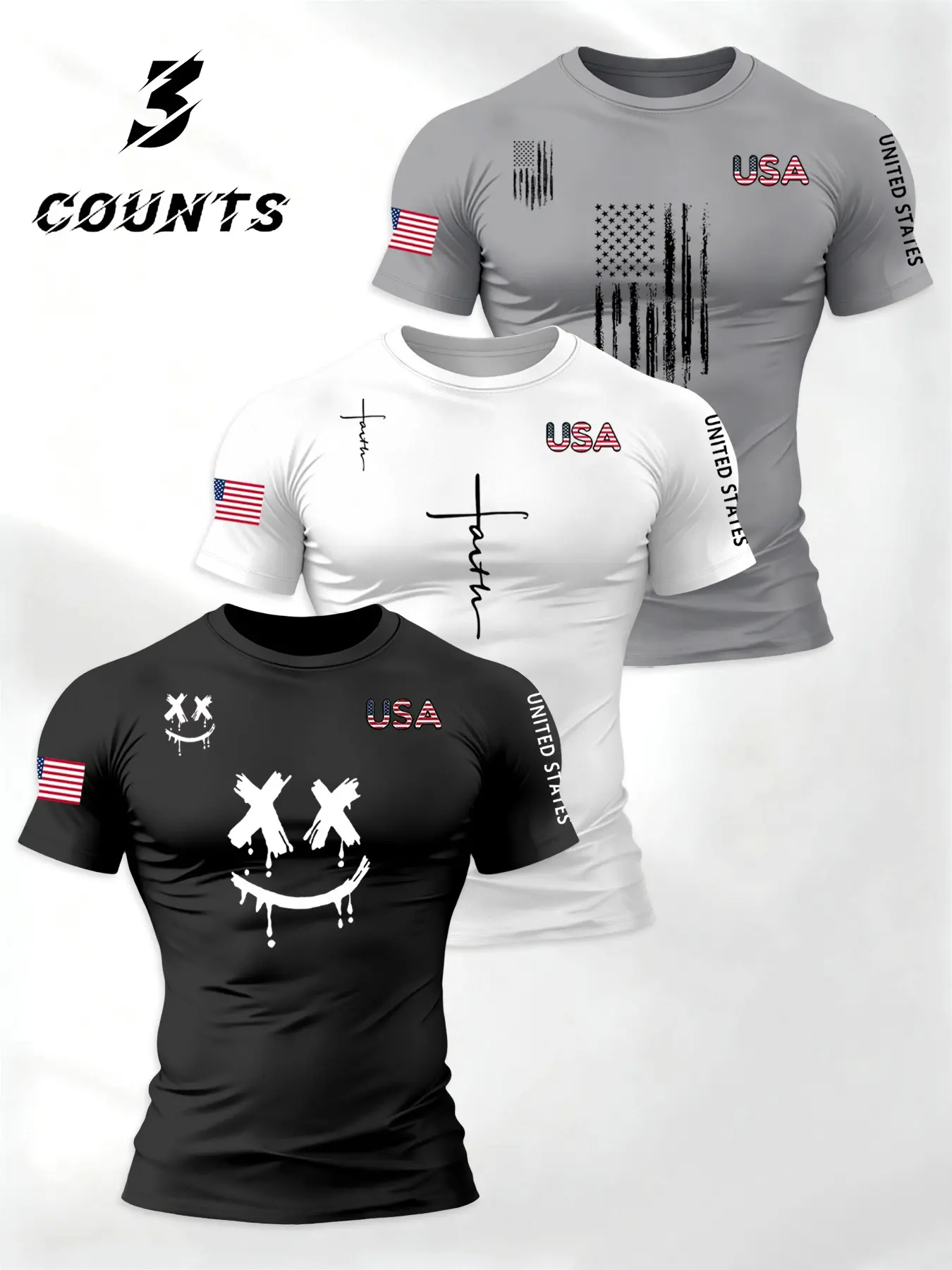Men's Short Sleeve Fitness Sport Round Neck T-Shirt, 3 Pack Usa Flag Print Street Style, Breathable Running & Exercise Tee, Running Shirts, Athletic Running Tee, Athletic Clothes, Breathable Top