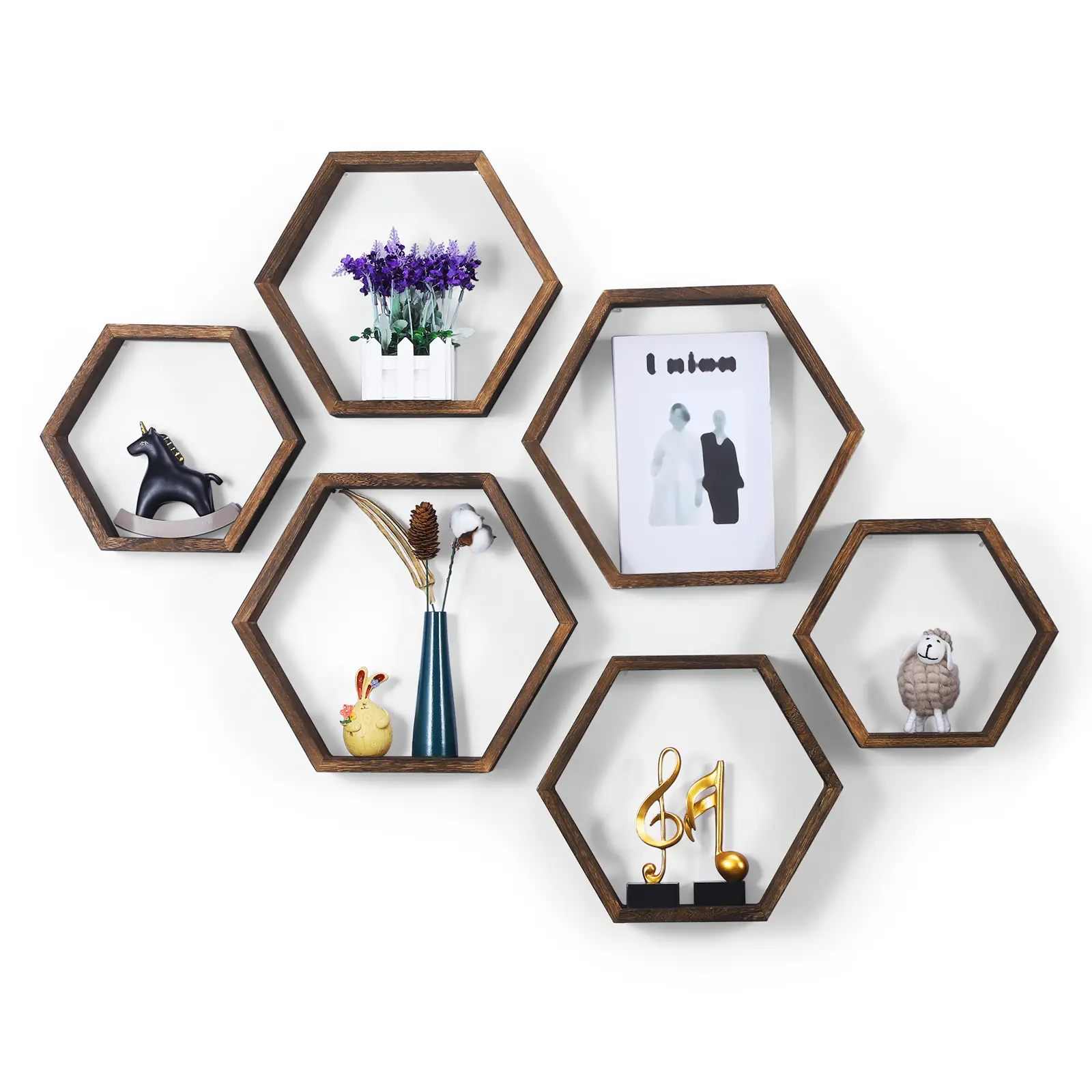 Honeycomb Floating Shelves Set of 6, Hexagon Floating Shelves, Honeycomb Wall Decor, for Wall Wood Farmhouse Storage, Wall Mounted, for Bedroom Living Room