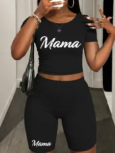 MAMA Letter print Two-Piece Set Women's Lip Print Short Sleeve Crop Top & Fitted Skinny Jumpsuit, Casual Fashion Cozy Round Neck Tee & Jumpsuit for Daily Outdoor Wear, Ladies Clothes for Spring, Overalls, Womenswear