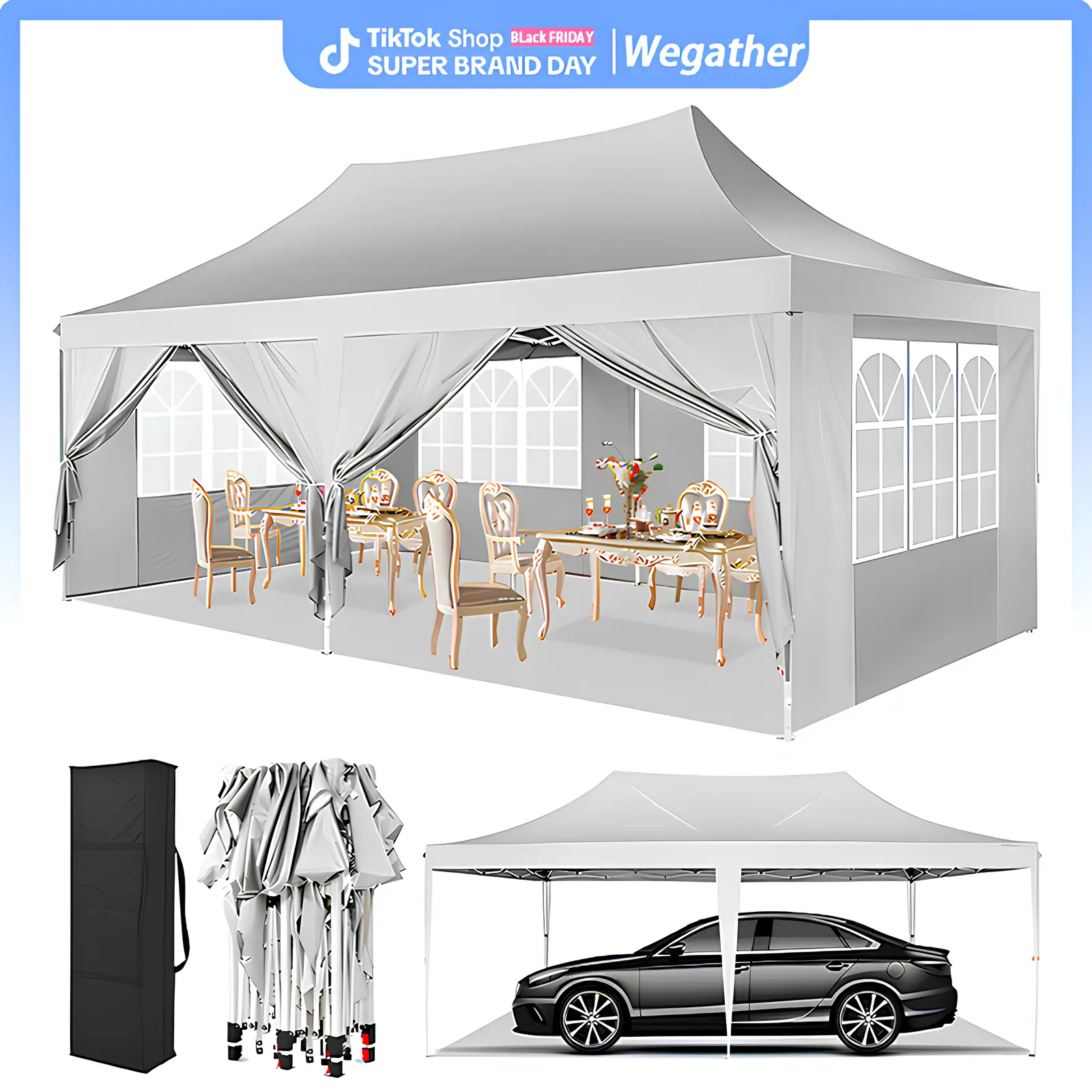 10x20ft Pop Up Canopy Tent Cover, 210D Waterproof Oxford Fabric Gazebo with 6 Removable Sidewalls, 2 Zipper Doors, UPF 50+, Stable Steel Frame, 1*Carry Bag, 62 lbs, EZ Install Foldable Outdoor Shelter for BBQs, Camping