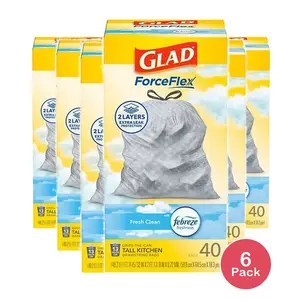 Glad ForceFlex Tall Kitchen Trash Bags 13 Gallon 40 Bags Fresh Clean Scent F (Pack of 6)