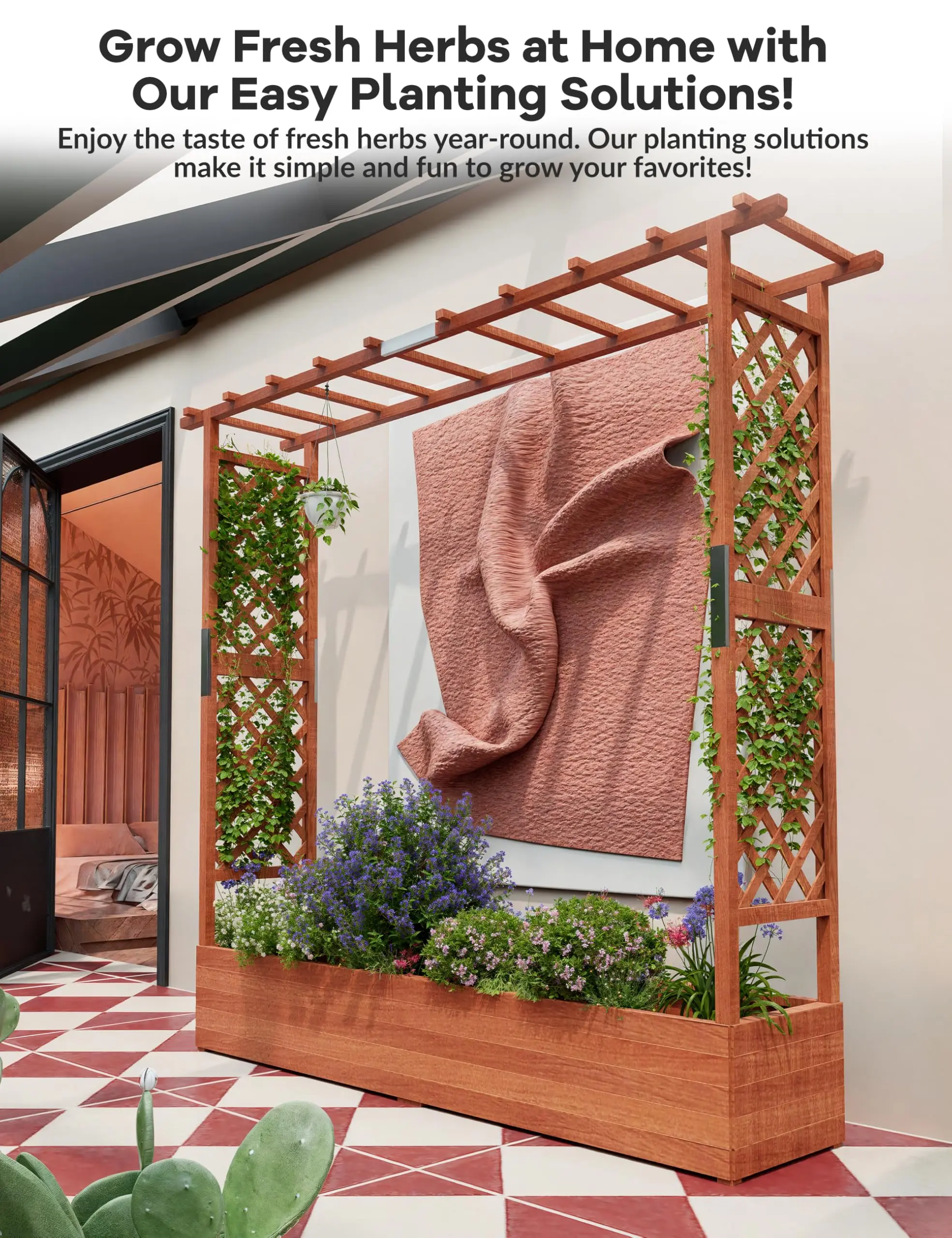 Garvee Elevated Wooden Garden Planter Bed with Trellis and Canopy – Freestanding Raised Planter for Climbing Plants, Vines, Flowers, and Herbs – Side Supports, Drainage Holes – Ideal for Patios, Balconies, Outdoor Vertical Gardening
