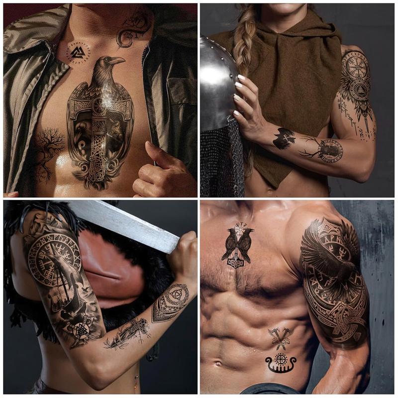 77 Sheets Viking Temporary Tattoos Adult Kids, Viking Pirate Tribal Totem Fake Tattoos Stickers, Nordic Norse Celtic Half Arm Sleeve Tattoos Body Art for Women Men