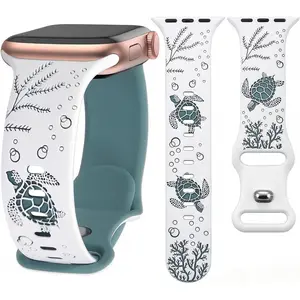 Sea Turtle Engraved Band Compatible with Apple Watch Band Women Men 38mm 40mm 41mm 42mm 44mm 45mm 46mm 49mm Two-Tone Cute Silicone Band for iWatch Series 11 10 Se Ultra 9 8 7 6 5 4 3 2 1