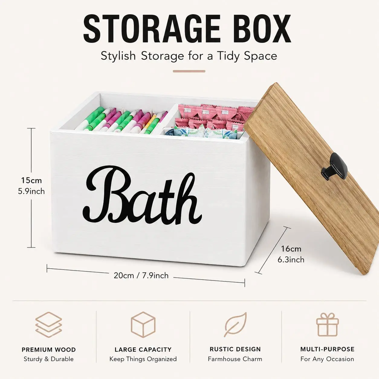 Bathroom Storage Box with Lid, Wooden Organizer Bin for Toilet Paper, Feminine Products, Bath Essentials & Countertop Storage
