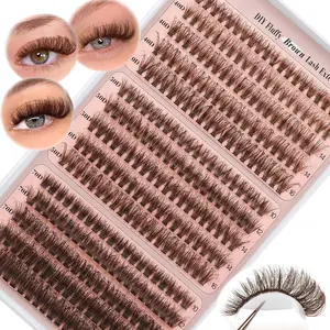 300Pcs Brown D Curl Cluster Lashes, 10-16mm 40D 50D 70D Mixed Volume Fluffy Individual Faux Mink Lashes, Vegan DIY Home Eyelash Extension Supplies