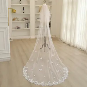 Delicate Scattered Floral Bridal Veil: Sheer Tulle with Lace Edge & Dainty Embroidery Long Train Veil
