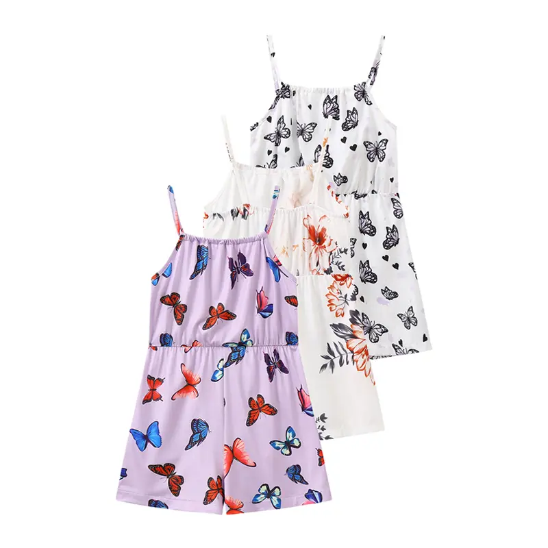 3-Piece Set of Versatile Girls' Strapless Rompers with Butterfly and Floral Prints-Fresh, Versatile, and Cute Summer Casual Rompers for Girls