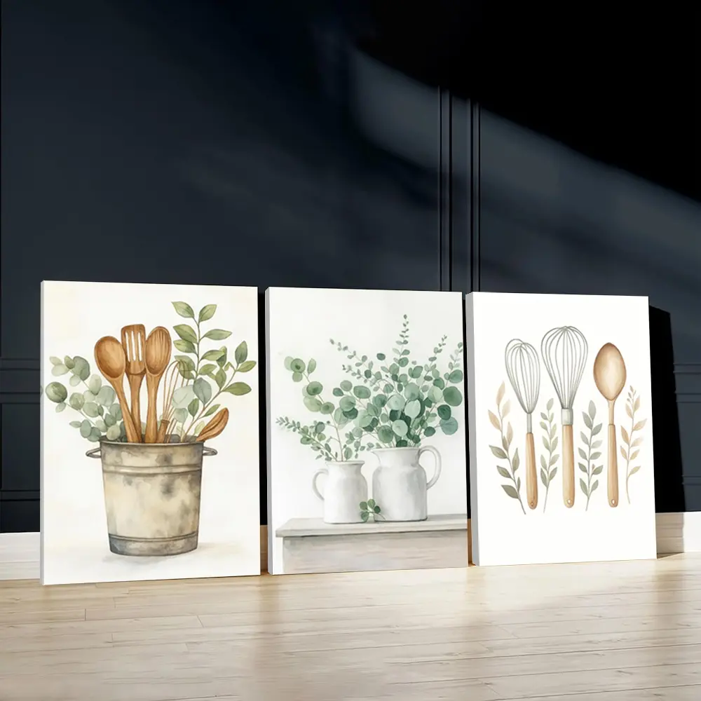 3pcs Rustic Shabby Chic Kitchenware Wall Art, Decorative Artwork, Greenery Touch Poster, Dining Art Prints, Watercolor Floral Print, Farmhouse Home Decor, Wall Paintings, Canvas Posters Wall Arts for Living Room, Housewarming Gift With Frame