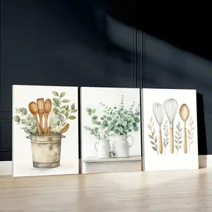 3pcs Rustic Kitchenware Wall Art, Greenery Touch Poster, Elegant Dining Art Prints, Farmhouse Home Decor, Modern Wall Paintings, Cozy Canvas Posters Wall Arts for Living Room, Restaurant, Kitchen, Bedroom, Housewarming Gift With Frame, Wall Art Decoration