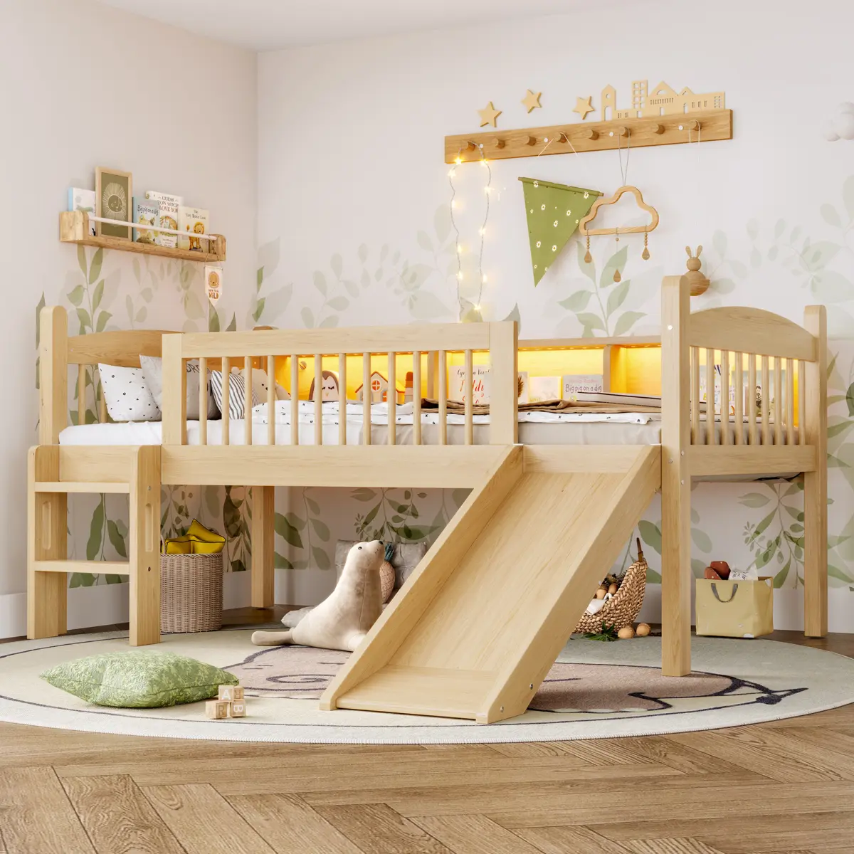 Twin XL Low Loft Bed with Slide and Storage Shelves, Solid Wood Loft Bed Frame with LED Lights and Full-length Guardrails, No Box Spring Needed