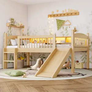 Twin XL Low Loft Bed with Slide and Storage Shelves, Solid Wood Loft Bed Frame with LED Lights and Full-length Guardrails, No Box Spring Needed