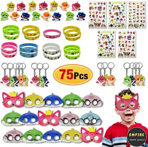 75 Pc Baby Shark Party Favors | 15 Set Baby Shark Masks Keychain Wristband Treat Bags for Kids Birthday Classroom Reward Gifts