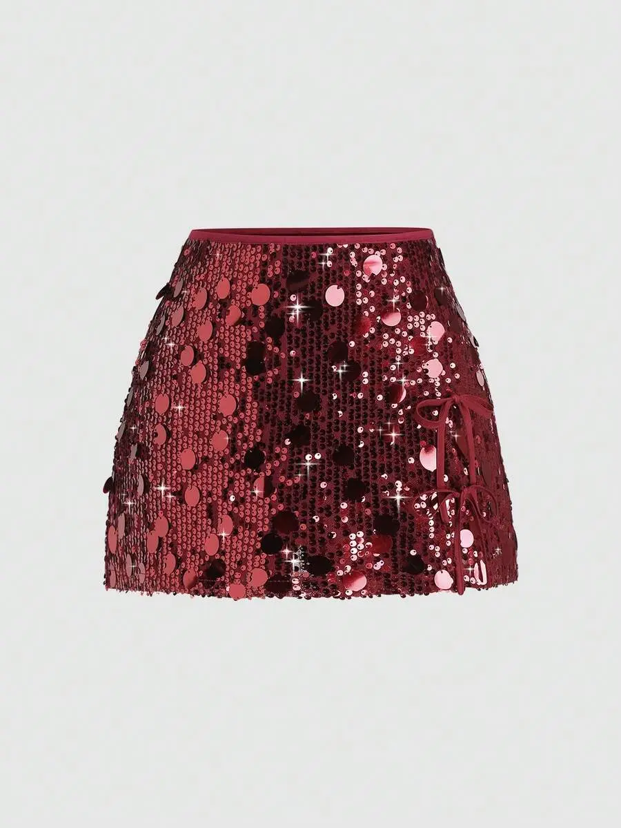 Sweetra Women's Fashionable Burgundy Sequin Elegant Disco Sexy Skort Party Night Summer