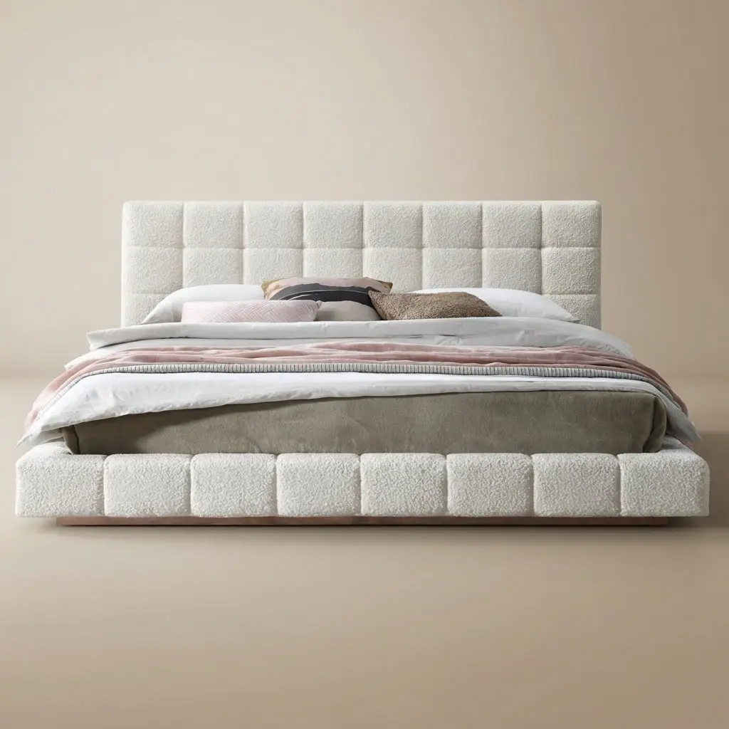 Hughes King Ivory Boucle Platform Bed