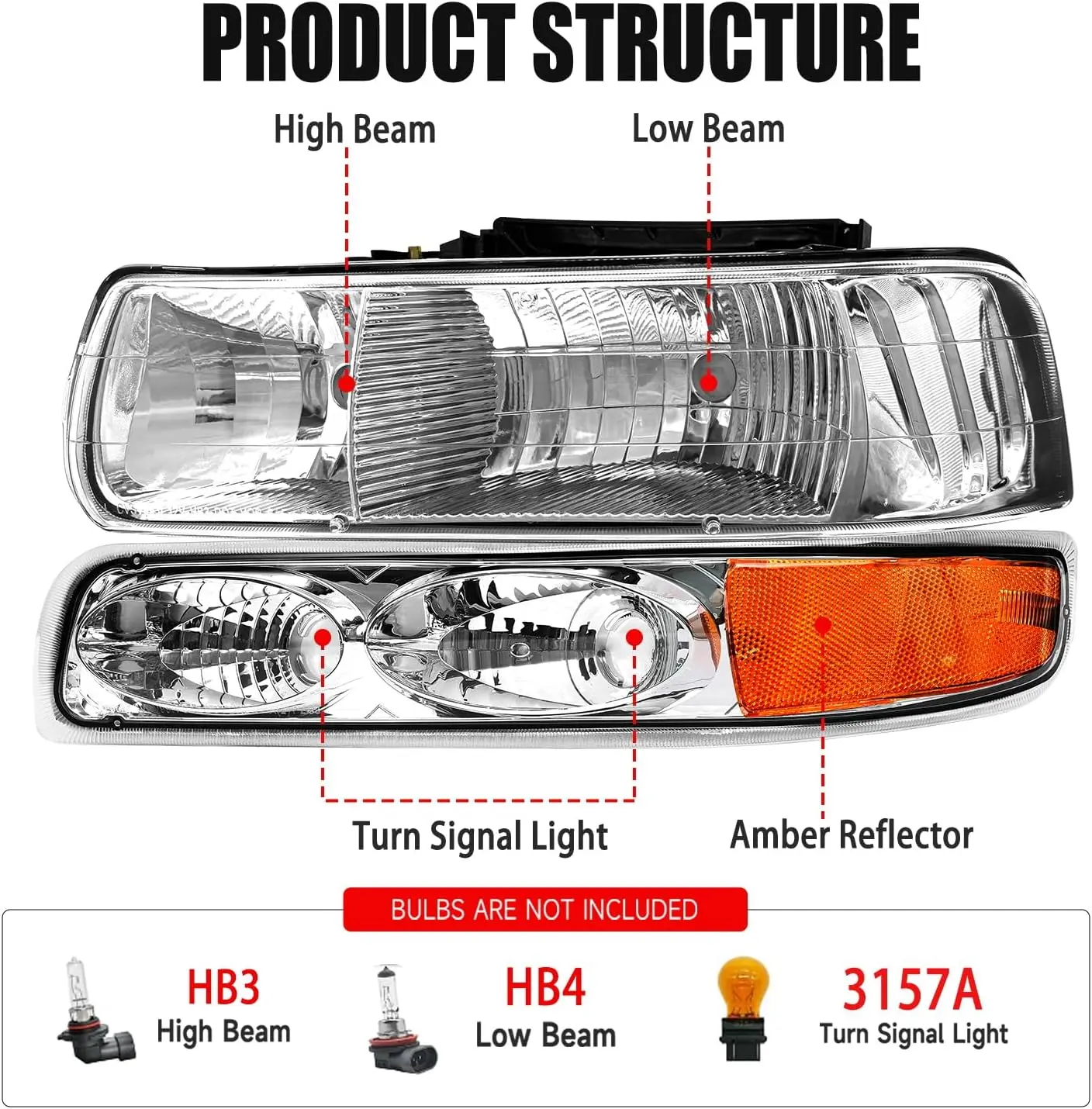 TopAutoGear Replacement Headlight Assembly for 1999-2002 Chevy Silverado 1500 2500, 2000-2006 Chevy Tahoe Chevy Suburban, Chrome Housing Amber Reflector Headlamp Set, Left & Right Pair