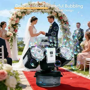 Dual Head Remote Bubble Machine for Ages 3+, RGB Atmosphere Light, Rechargeable 360° Auto Rotation, 30000 Bubbles Per Minute, Includes 50ML Concentrated Solution