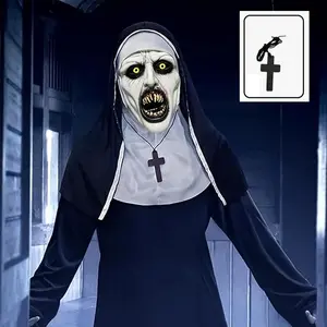 Realistic evil nun mask with headscarf for adults, nun mask with bloody mouth and cross pendant for Halloween party props, reusable