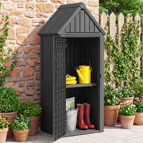 Esmlada Outdoor Storage Deck Box, waterproof & sun-proof, with removable divider. This resin tool shed has adjustable shelves for garden tool storage on backyard, garden, patio and lawn. Middle shelf holds up to 55 lbs, hooks support 2.2 lbs.