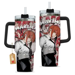 STORMMECH Makima 40oz Stainless Steel Leak-Proof Double Layer Insulated Travel Mug with Single Handle, Black Lid, Portable Washable Drinkware, Anime Art Otaku Gift, Single Handle Mugs, Insulated Mug Mugs