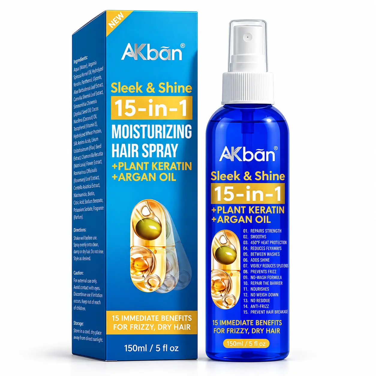 AKban 15-in-1 Leave-In Conditioner Spray with Plant Keratin & Argan Oil, Anti-Frizz, Shine Boost, Heat Protection, Lightweight 5 fl oz Treatment for Frizzy Dry Locks