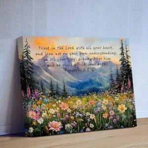 Framed Christian Spring Floral Canvas Wall Art "Trust in the Lord" Proverbs 3:5-6 Bible Verse Decoration, High-Definition Canvas Decorative Painting with Wooden Framing -- Modern Home Decor, Can Be Directly Hung in Living Room, Bedroom