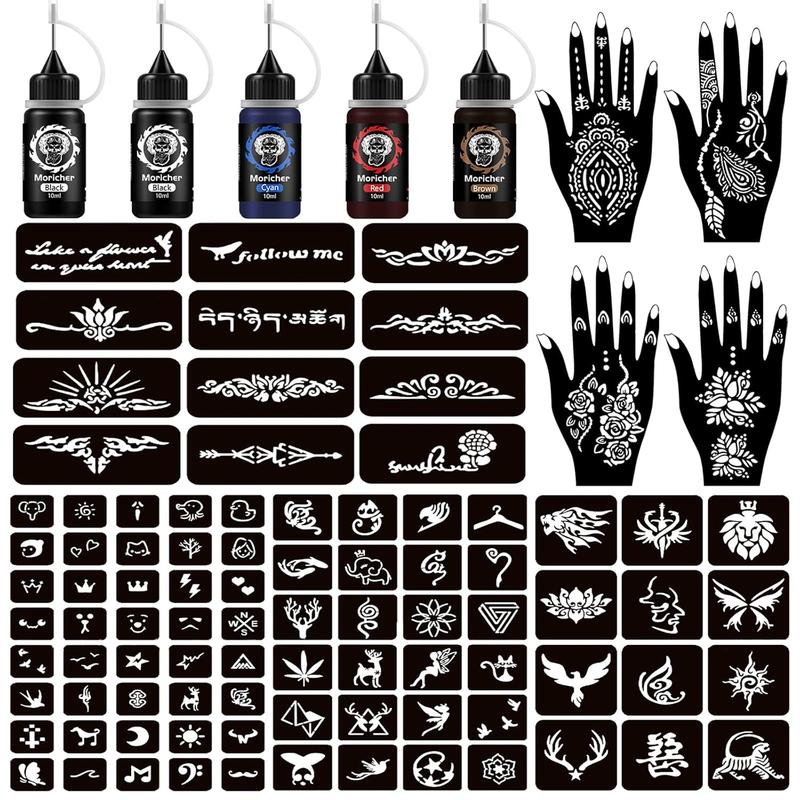 RAPID Temporary Tattoo Kits 5 Inks 102 Stencils, Henna Tattoo Kit with Stencils Semi Permanent Tattoo Markers Jagua Gel for Women Men Kids Removable