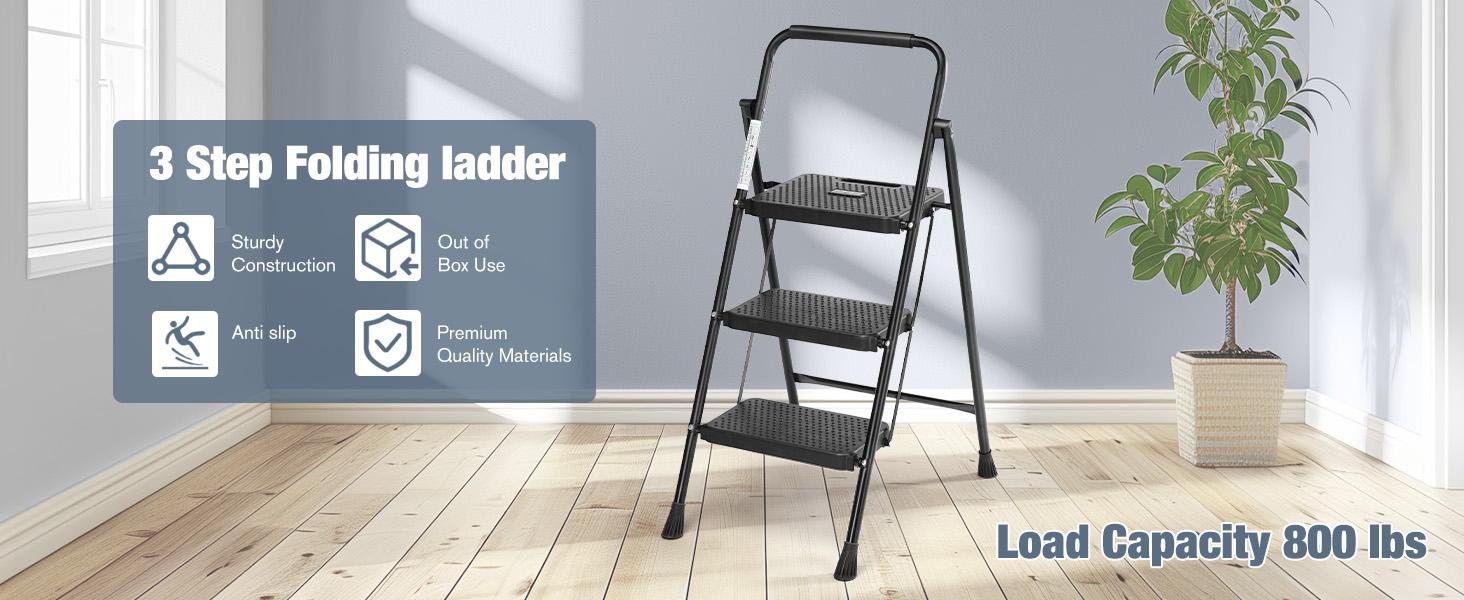 3 Step Ladder, Folding Step Stool with Wide Anti-Slip Pedal, 800lbs Sturdy Portable Ladder, Cushioned Handle, Lightweight Step Stool for Home Kitchen and Outdoor