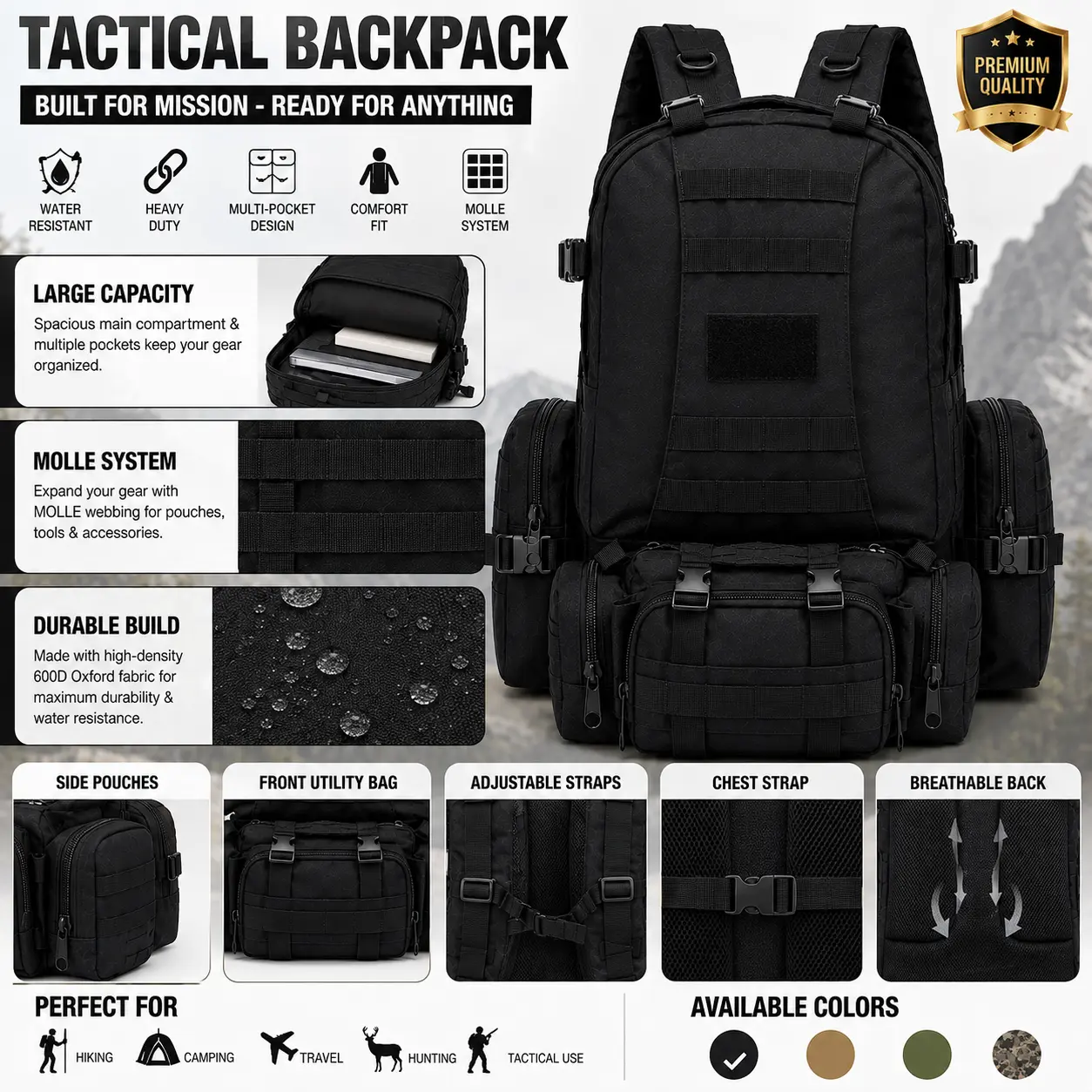 Black Tactical Military MOLLE Backpack - Heavy Duty Multi-Pocket Outdoor Bag with Large Compartment, Utility Pouches, Adjustable Straps for Camping, Hiking