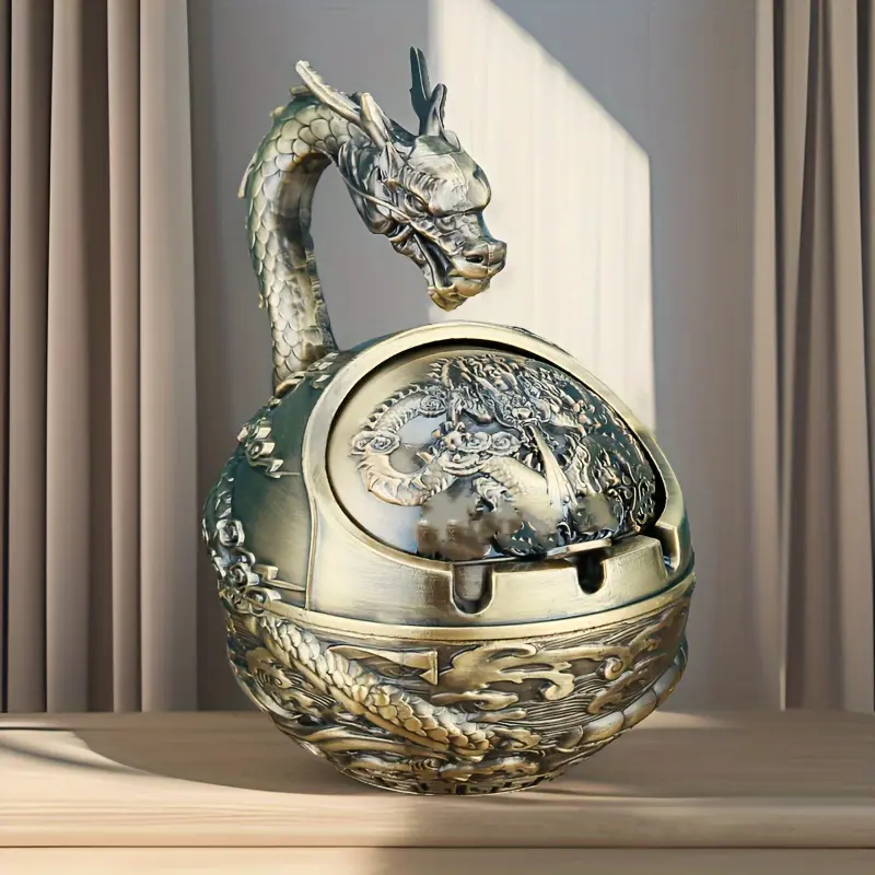 Vintage Round Dragon Metal Ashtray - Classic Look Decorative, Anti-Fly Ash with Lid, Lighter Ornament, Animal Theme Indoor Home Decor Statue for Any Room